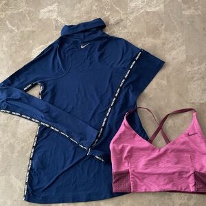 Nike Pro long sleeve women’s top gold swoosh on back Sz Small & Nike sport bra M